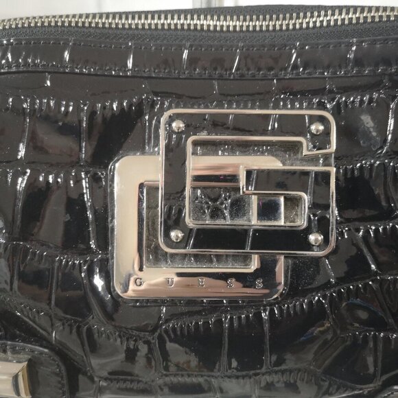 Guess Ladies Black Faux Leather Zipper Closure Chain Straps Hand/Shoulder Bag - Picture 3 of 11